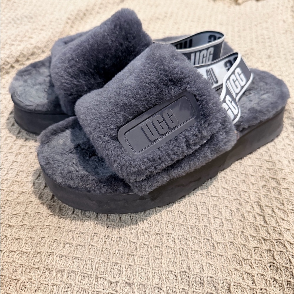 UGG FLUFF YEAH DISCO SLIDE DARK GREY GRAY SANDAL US 11